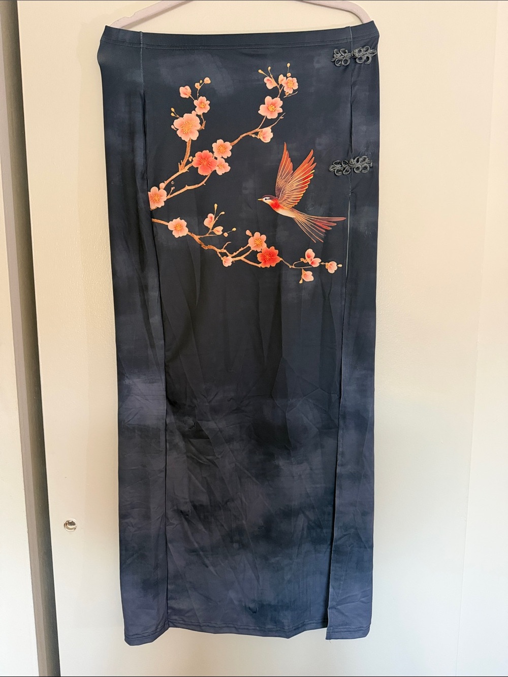 Elegant Navy Skirt with Floral & Bird Motif